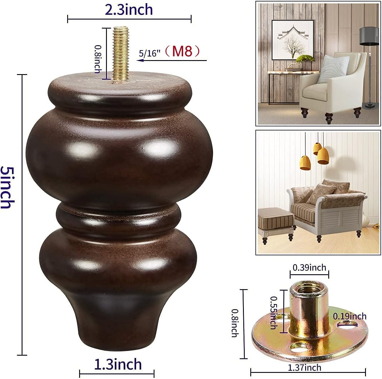 Wood Furniture Legs, 4 Pcs Replacement Sofa Legs for DIY Projects, Mid Century Legs with Pre-Drilled Bolt Holes, Ideal for Couches, Dressers, Sideboards, Coffee Tables (5 inch, Brown)