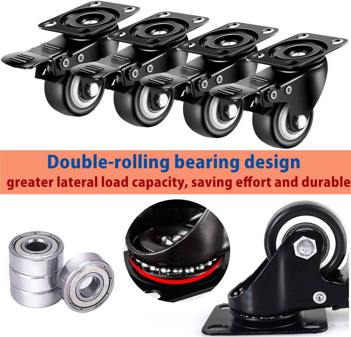 4 inch Heavy Duty Casters Load 2400lbs, Lockable Bearing Plate Caster Wheels with Brakes, 360-degree Swivel Casters for Furniture and Workbench Cart, Set of 4 (Free Screws and a Spanner)