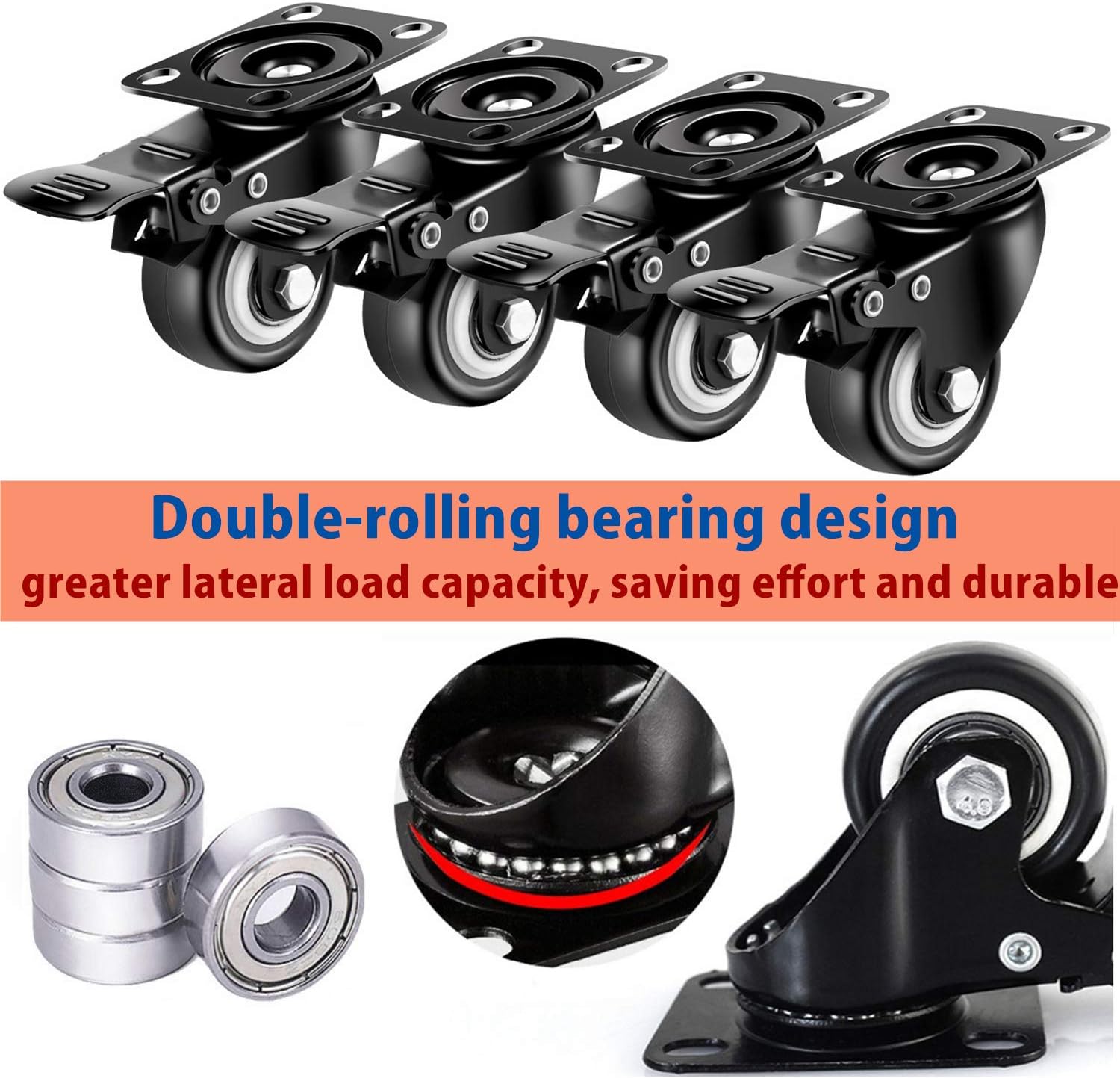 4 inch Heavy Duty Casters Load 2400lbs, Lockable Bearing Plate Caster Wheels with Brakes, 360-degree Swivel Casters for Furniture and Workbench Cart, Set of 4 (Free Screws and a Spanner)