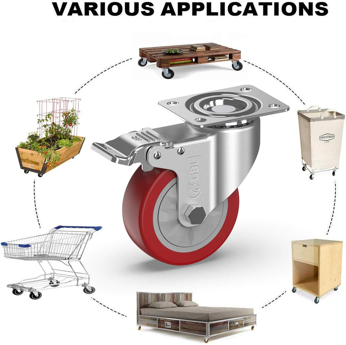 GBL - 4'' Heavy Duty Caster Wheels With Brakes 1320Lbs | 4 x Castor for Moving Furniture, Table, Trolley, Workbench, Garage (2 With & 2 Without Brakes) + Screws