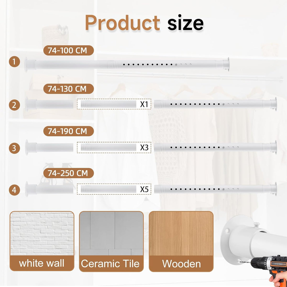 Black Wardrobe Pole, Extendable Heavy Duty Wardrobe rail 74-250cm, Round Clothes Hanging Pole with End Sockets & Screws for Wardrobe Cabinet Cupboard