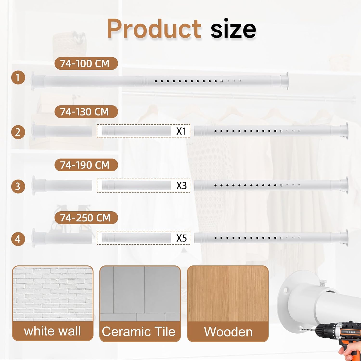Black Wardrobe Pole, Extendable Heavy Duty Wardrobe rail 74-250cm, Round Clothes Hanging Pole with End Sockets & Screws for Wardrobe Cabinet Cupboard