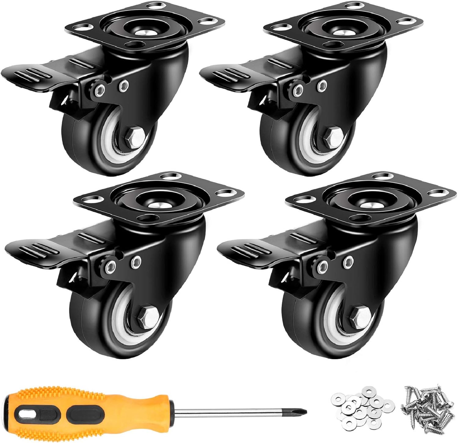 4 inch Heavy Duty Casters Load 2400lbs, Lockable Bearing Plate Caster Wheels with Brakes, 360-degree Swivel Casters for Furniture and Workbench Cart, Set of 4 (Free Screws and a Spanner)