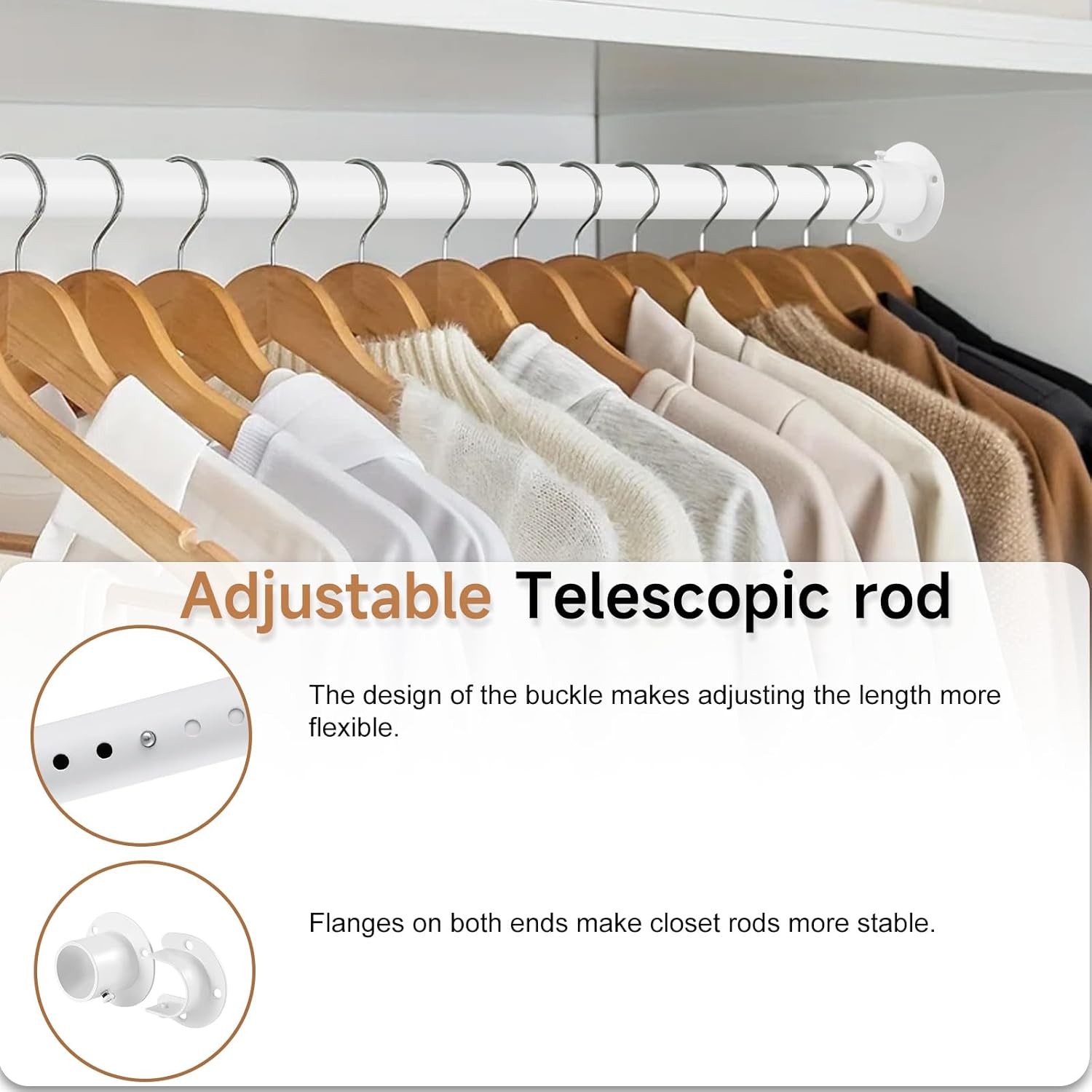 Black Wardrobe Pole, Extendable Heavy Duty Wardrobe rail 74-250cm, Round Clothes Hanging Pole with End Sockets & Screws for Wardrobe Cabinet Cupboard