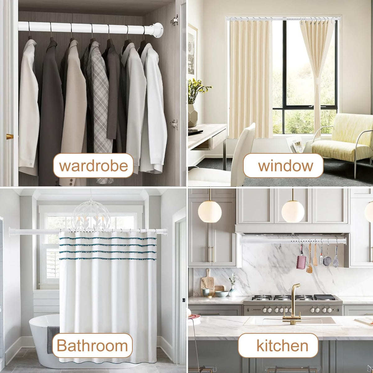 Black Wardrobe Pole, Extendable Heavy Duty Wardrobe rail 74-250cm, Round Clothes Hanging Pole with End Sockets & Screws for Wardrobe Cabinet Cupboard