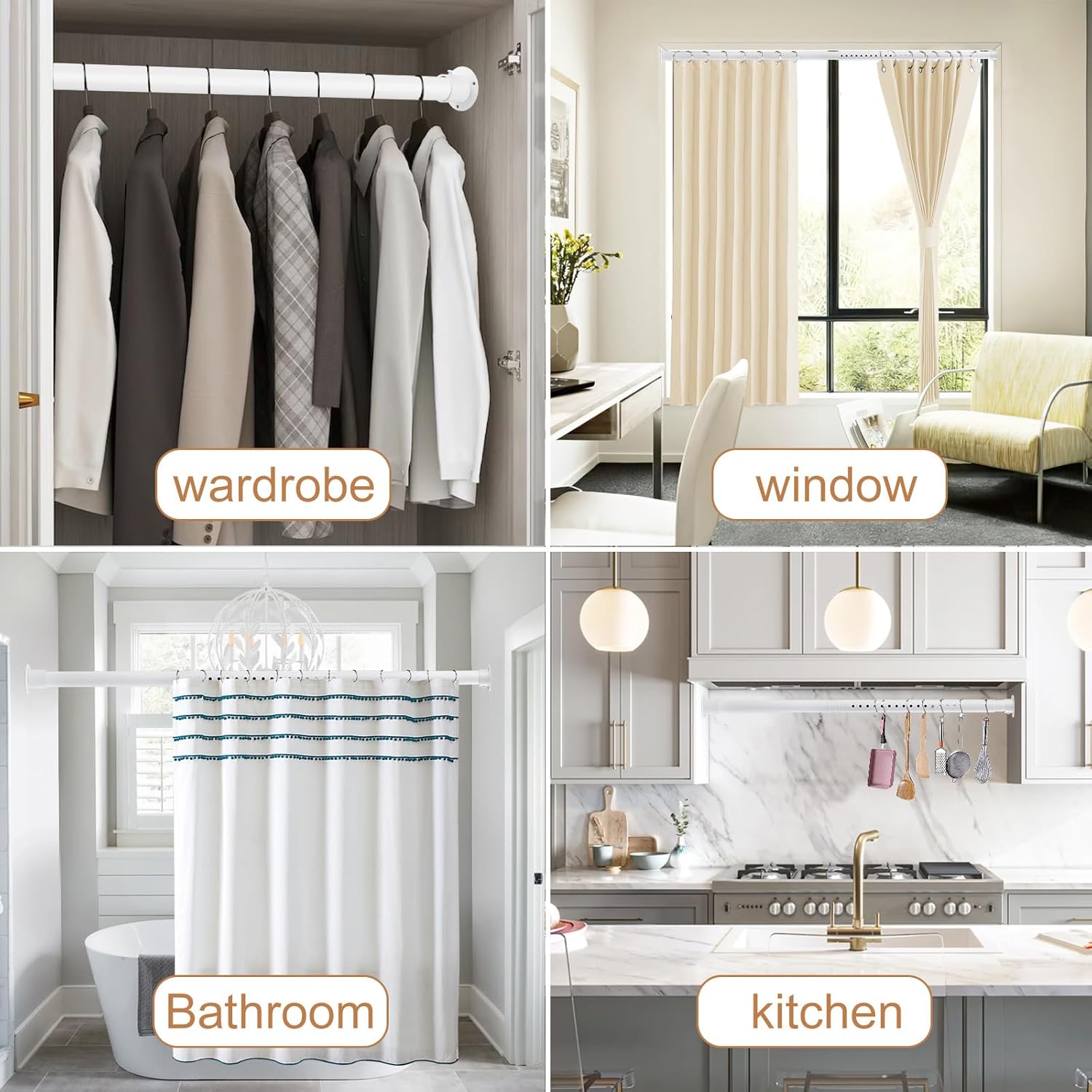 Black Wardrobe Pole, Extendable Heavy Duty Wardrobe rail 74-250cm, Round Clothes Hanging Pole with End Sockets & Screws for Wardrobe Cabinet Cupboard