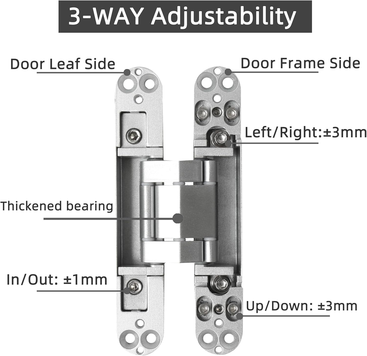 8-Pack 6 inch Hidden Door Hinges Heavy Duty Black, Invisible Concealed Hinges Zinc Alloy 6''x 2.5''x1Inch,180 Degree Swing Hinge, 3 Way Adjustable Hinge with Pins and Screws