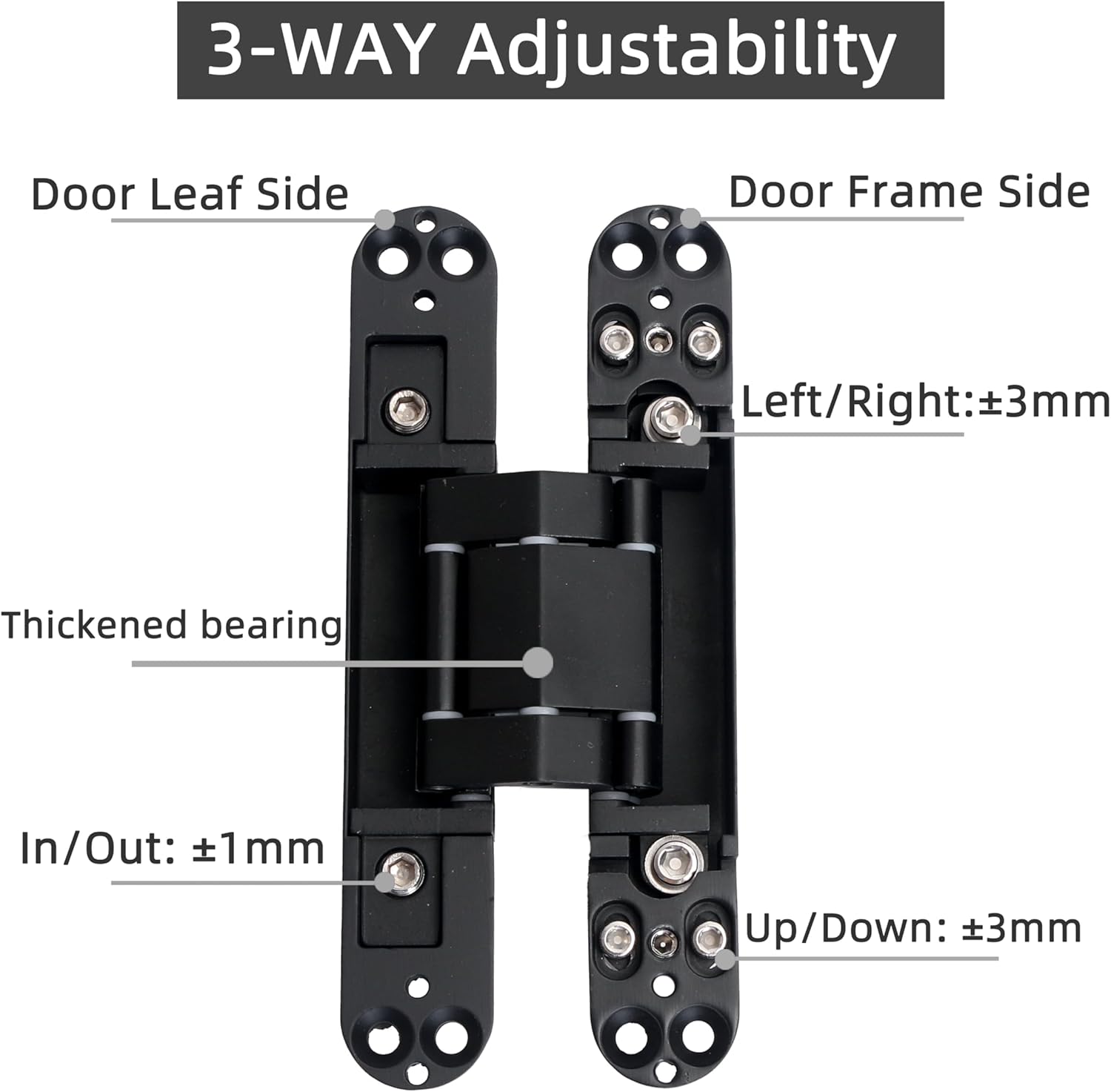 8-Pack 6 inch Hidden Door Hinges Heavy Duty Black, Invisible Concealed Hinges Zinc Alloy 6''x 2.5''x1Inch,180 Degree Swing Hinge, 3 Way Adjustable Hinge with Pins and Screws