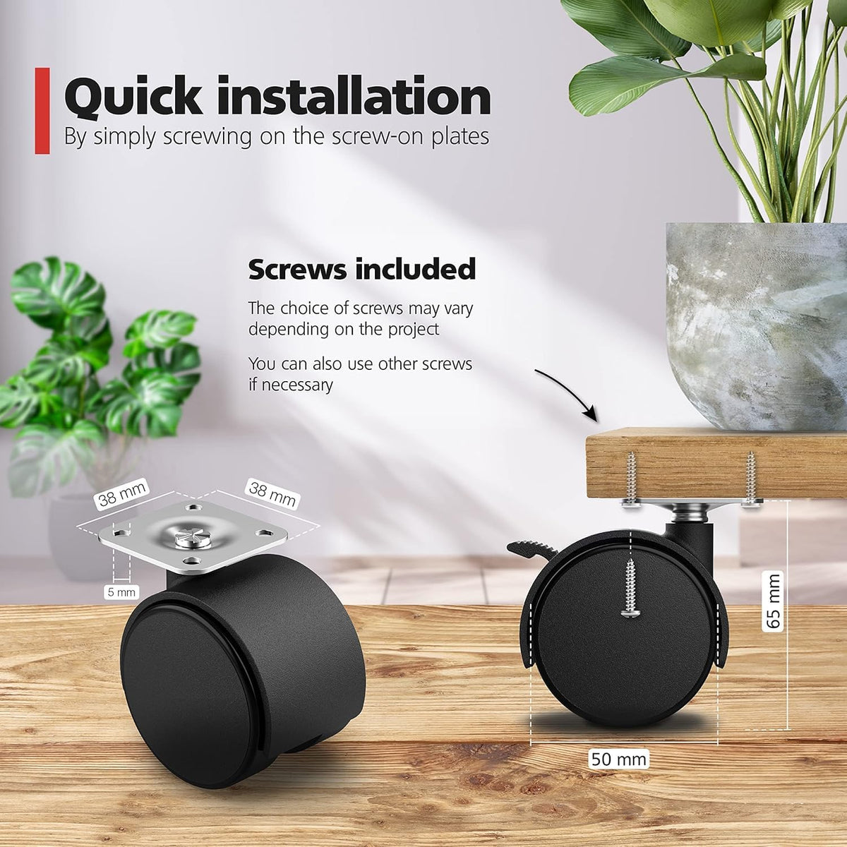BIGTHREE 1.5-inch Furniture casters Set of 4, Plate Swivel Cart Casters, for Carts, Replacement cart Plastic casters, Furniture, Baby Bed, Kitchen, Cabinet, Table with Stainless Steel Screws, Black