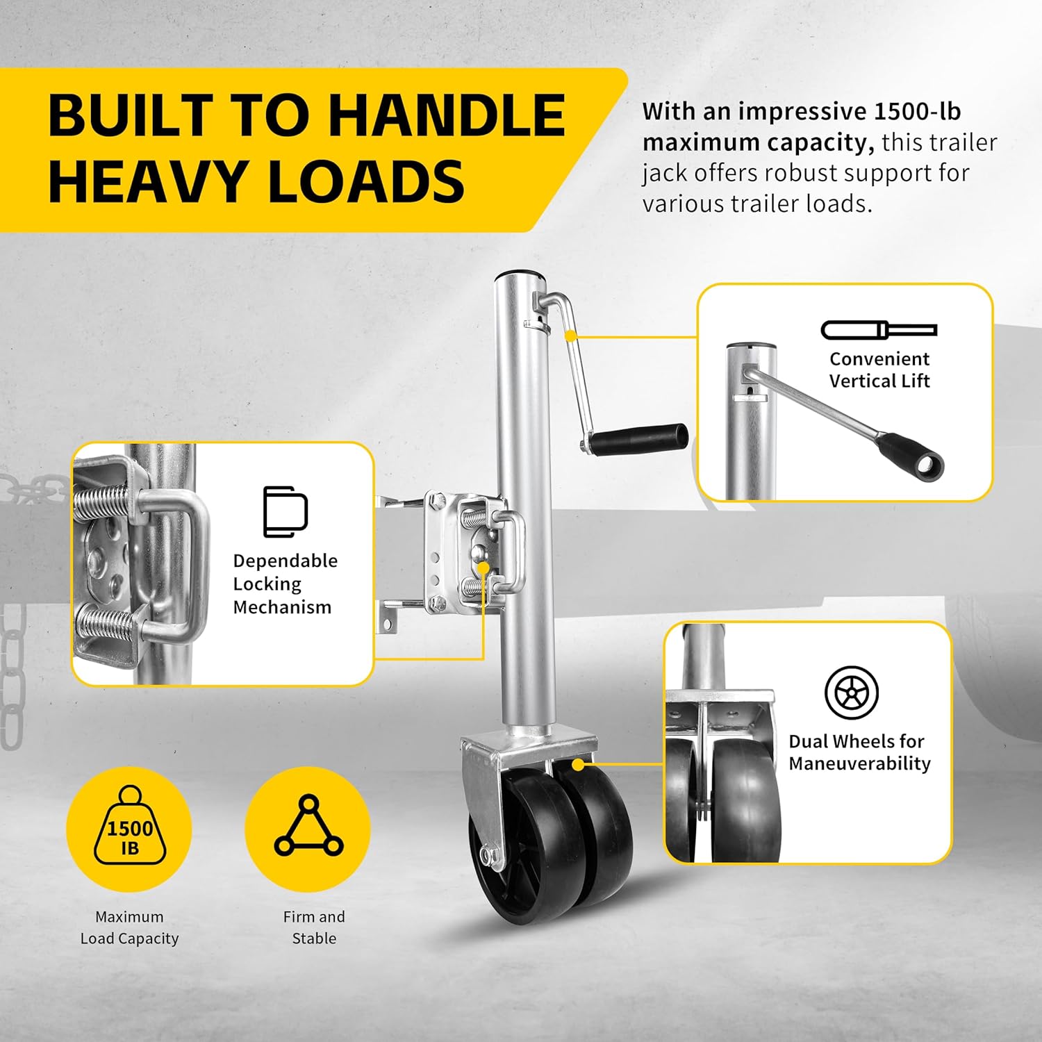 MaxxHaul 70149 Trailer Jack with Dual Wheels - 26-1/2" to 38" Lift Swing Back - 1500 lbs. Capacity,Zinc, Grey