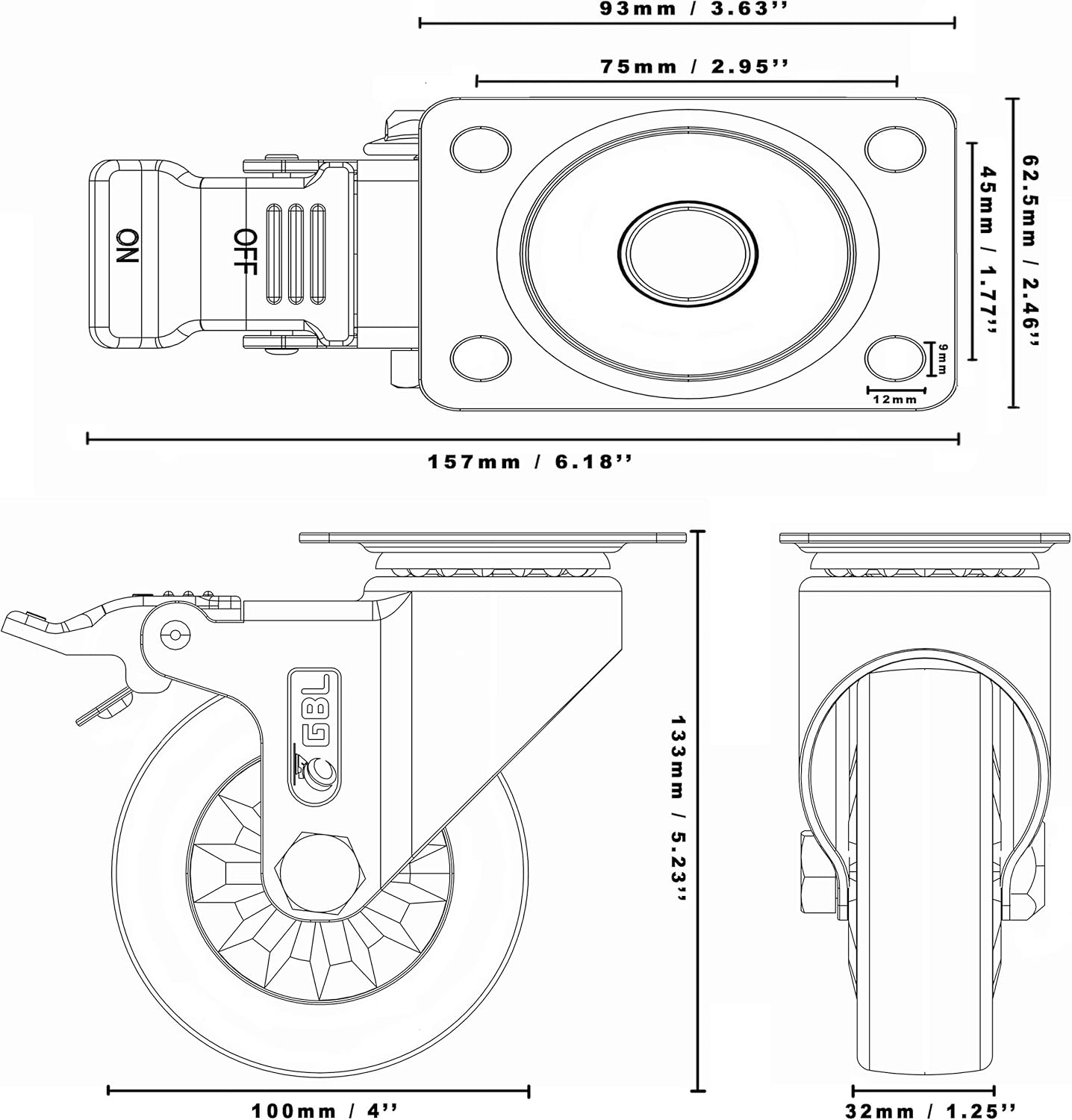 GBL - 4'' Heavy Duty Caster Wheels With Brakes 1320Lbs | 4 x Castor for Moving Furniture, Table, Trolley, Workbench, Garage (2 With & 2 Without Brakes) + Screws