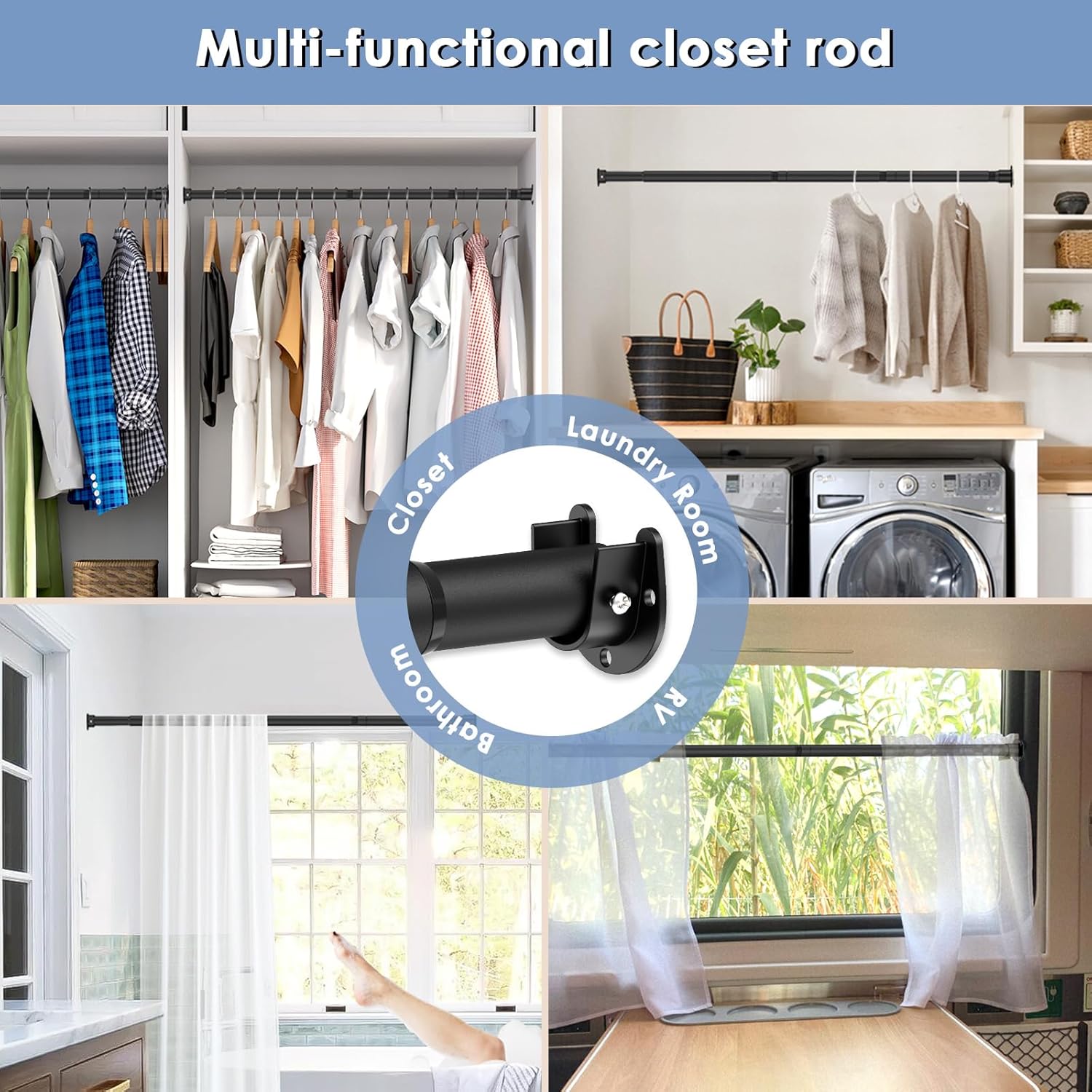 Black Wardrobe Pole, Extendable Heavy Duty Wardrobe rail 74-250cm, Round Clothes Hanging Pole with End Sockets & Screws for Wardrobe Cabinet Cupboard