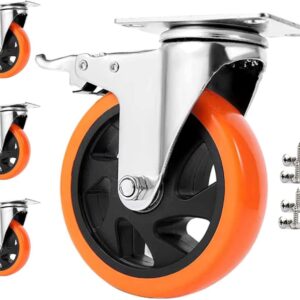 Heavy Duty Furniture Castor Wheels with Brakes - 125mm Swivel Caster Wheels Bearing 900KG - Quiet Rubber Trolley Wheels for Hardwood, Tile, Carpet, Laminate, and More