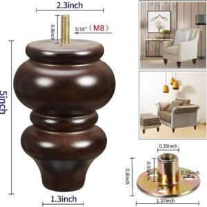 Wood Furniture Legs, 4 Pcs Replacement Sofa Legs for DIY Projects, Mid Century Legs with Pre-Drilled Bolt Holes, Ideal for Couches, Dressers, Sideboards, Coffee Tables (5 inch, Brown)