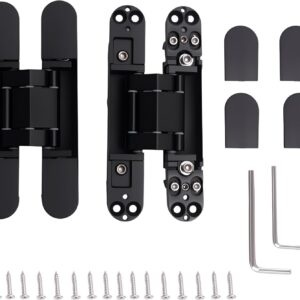 2-Pack 6 inch Hidden Door Hinges Heavy Duty Black, Invisible Concealed Hinges Zinc Alloy 6''x 2.5''x1Inch,180 Degree Swing Hinge, 3 Way Adjustable Hinge with Pins and Screws